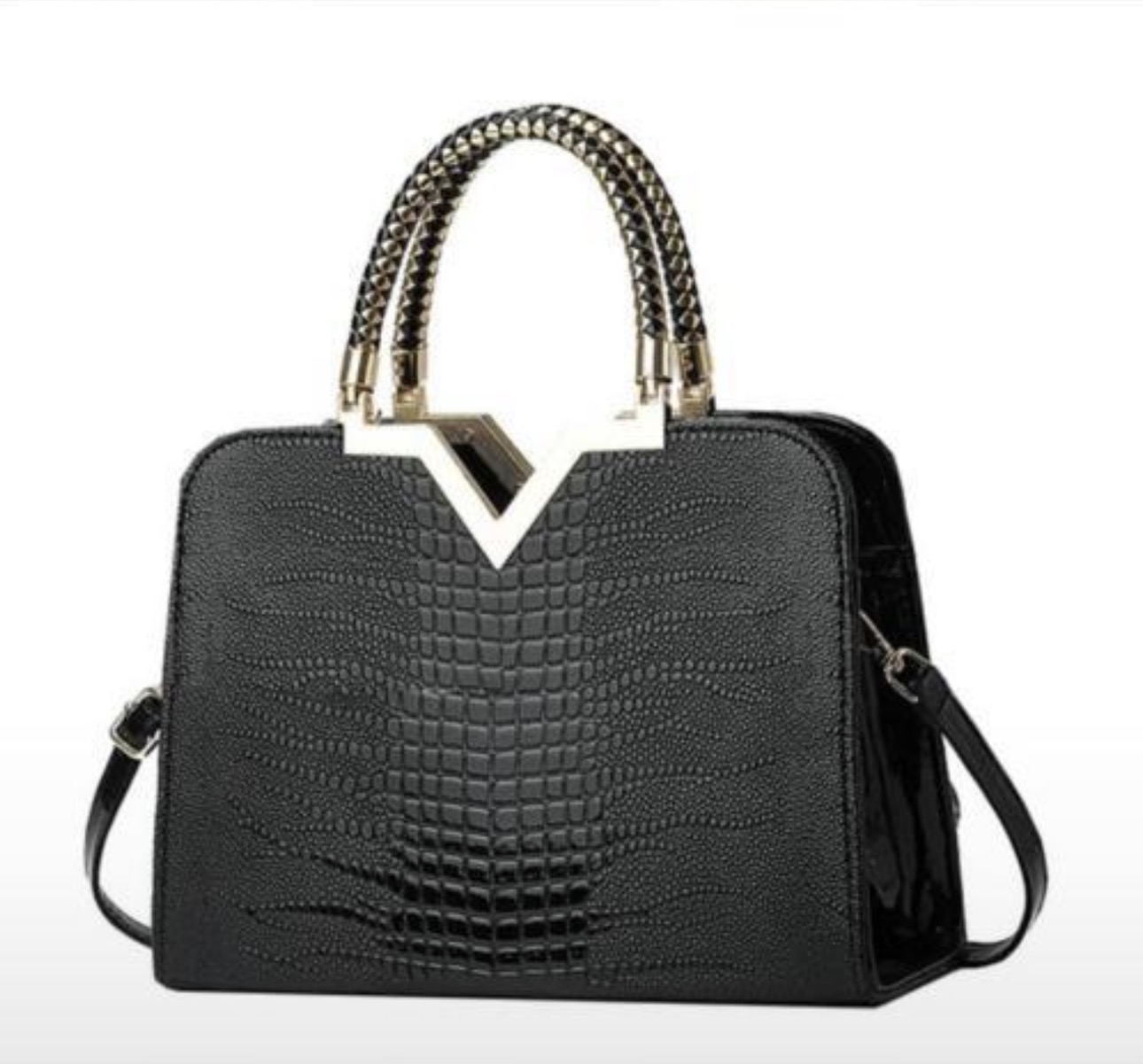 Pattern Satchel with Gold V-Accent