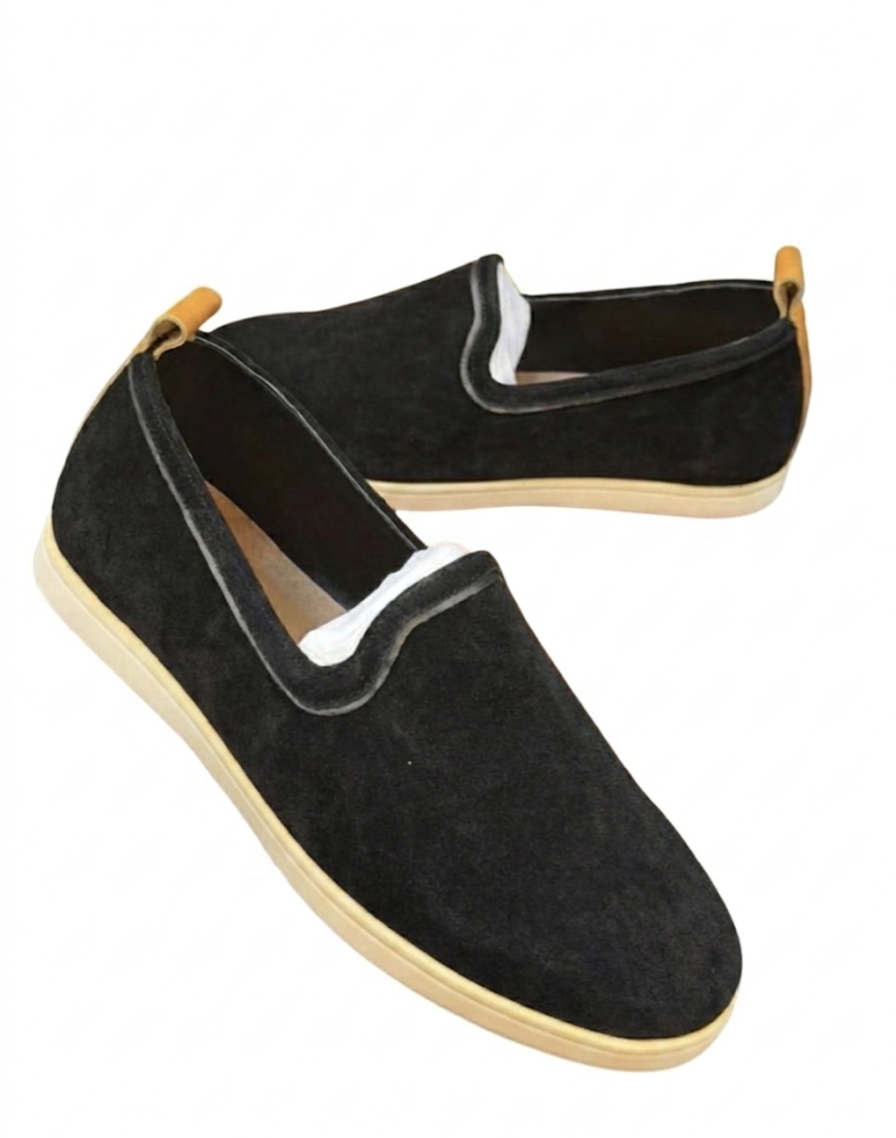 black suede slip-on loafers